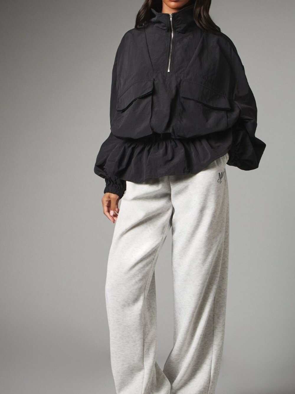 Black Casual Women's Oversized Half-Zip High Neck Pullover Jacket - Picture 3 of 5